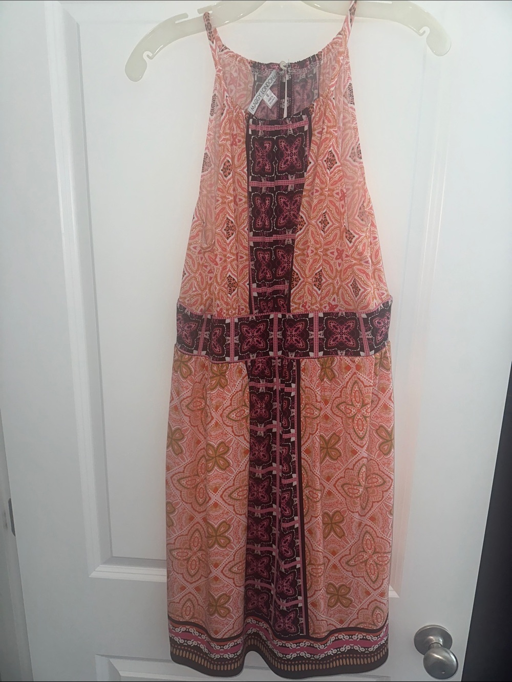 Maggy London Coral-Pink and Burgundy Halter Maxi Dress